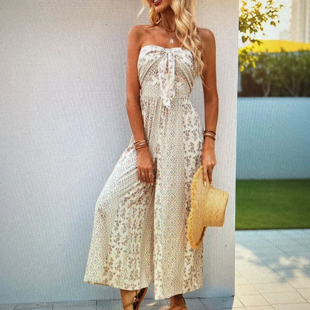 Strapless Boho Print Wide-Leg Jumpsuit in Cream - Picture 1 of 5